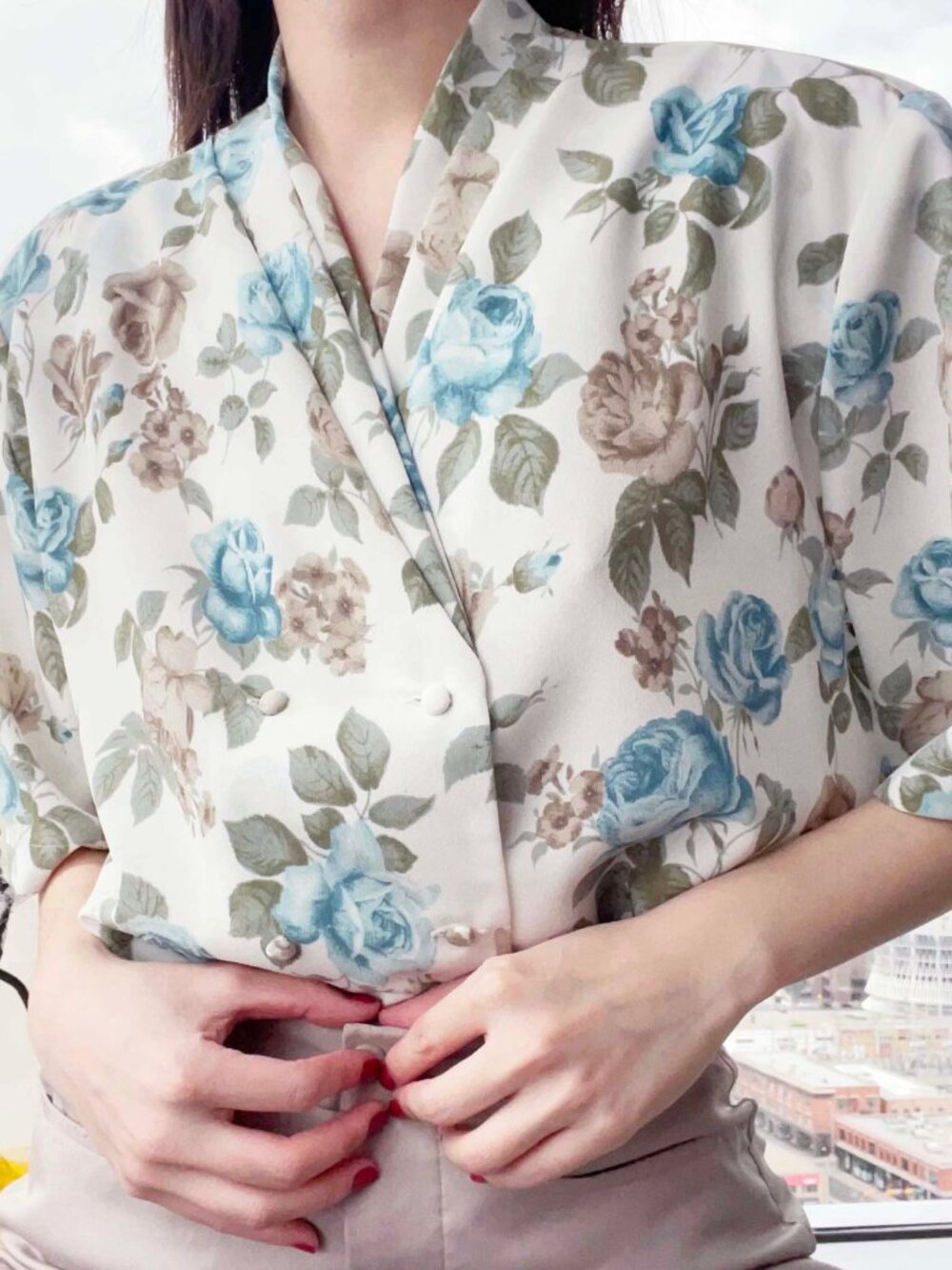 Vintage Double Breasted Floral Blouse.  Pastel Blue Rose V-neck Shirt